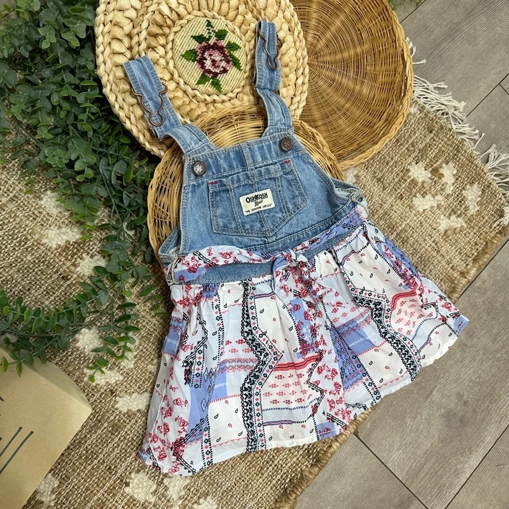 OshKosh B'gosh Red White Blue Denim Bandana Patchwork Overalls Dress Baby Girl